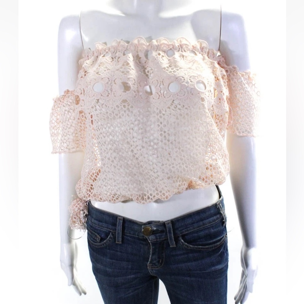 Pink cream  Lace Off-Shoulder crochet hippie crop top festival pop saint Barth